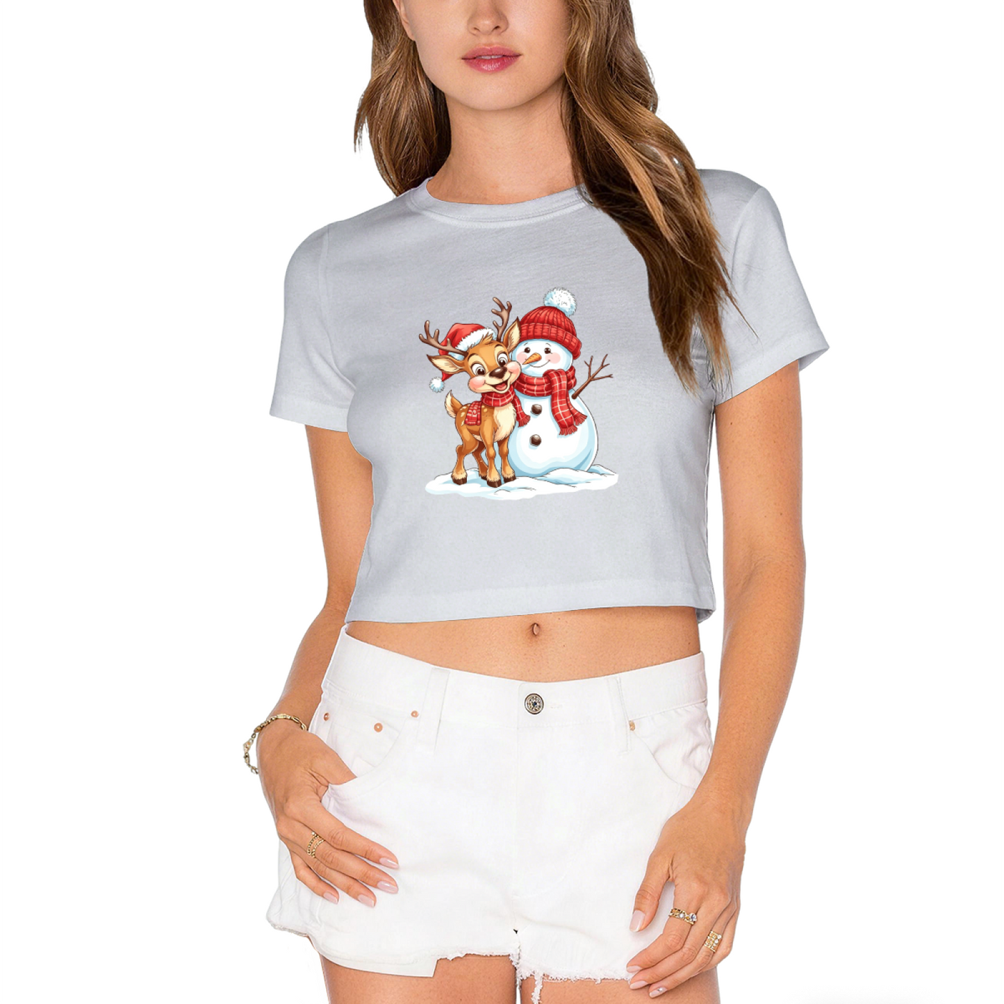 Cute Reindeer & Snowman Winter Christmas Graphic Crop Tee
