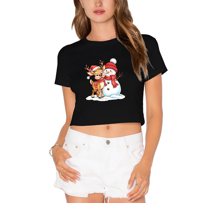 Cute Reindeer & Snowman Winter Christmas Graphic Crop Tee