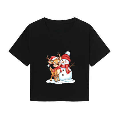 Cute Reindeer & Snowman Winter Christmas Graphic Crop Tee