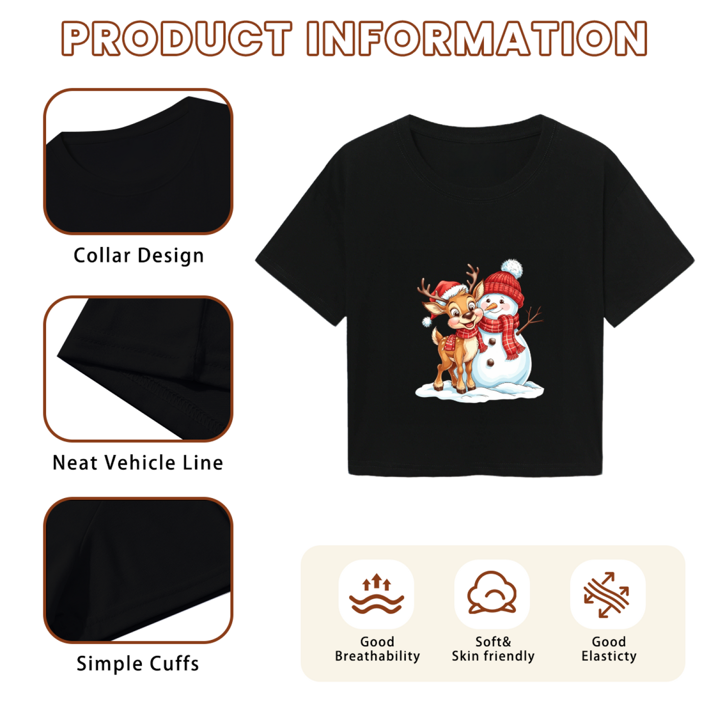 Cute Reindeer & Snowman Winter Christmas Graphic Crop Tee