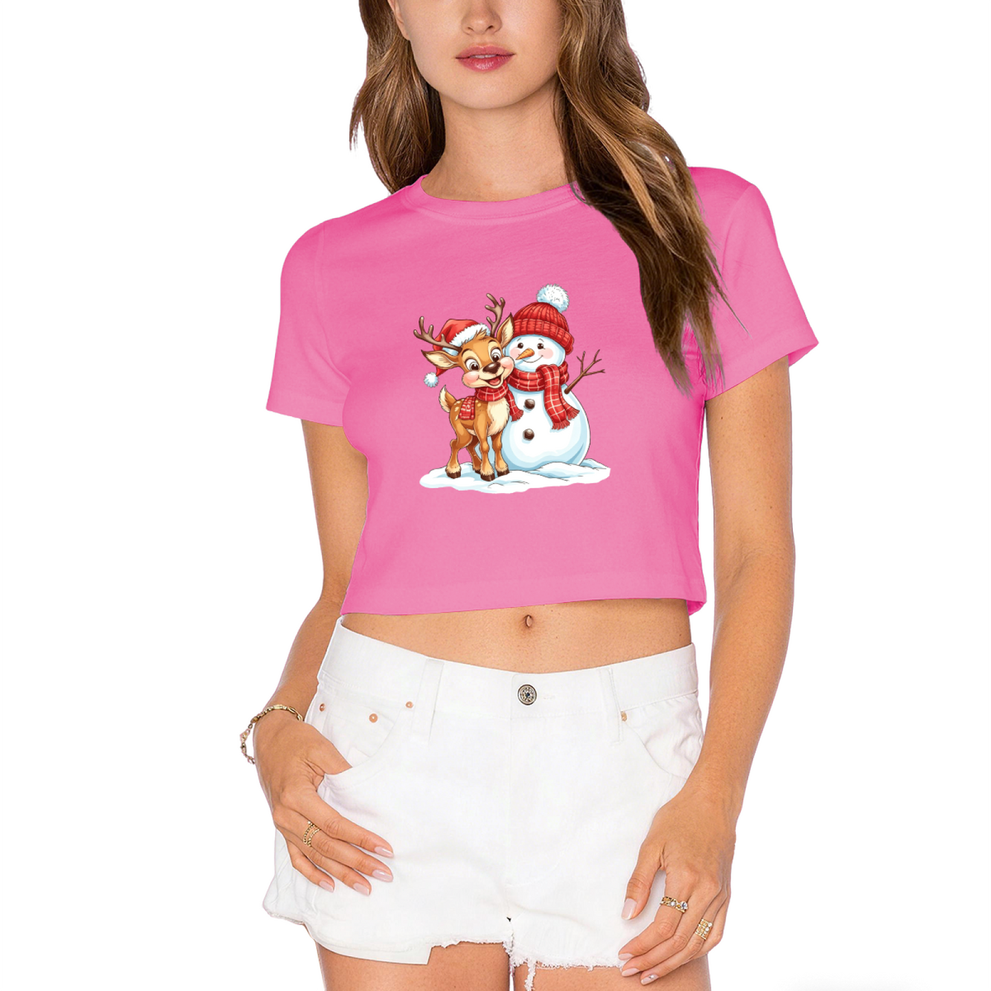 Cute Reindeer & Snowman Winter Christmas Graphic Crop Tee