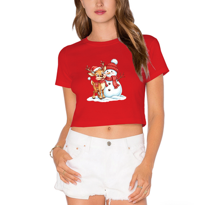 Cute Reindeer & Snowman Winter Christmas Graphic Crop Tee