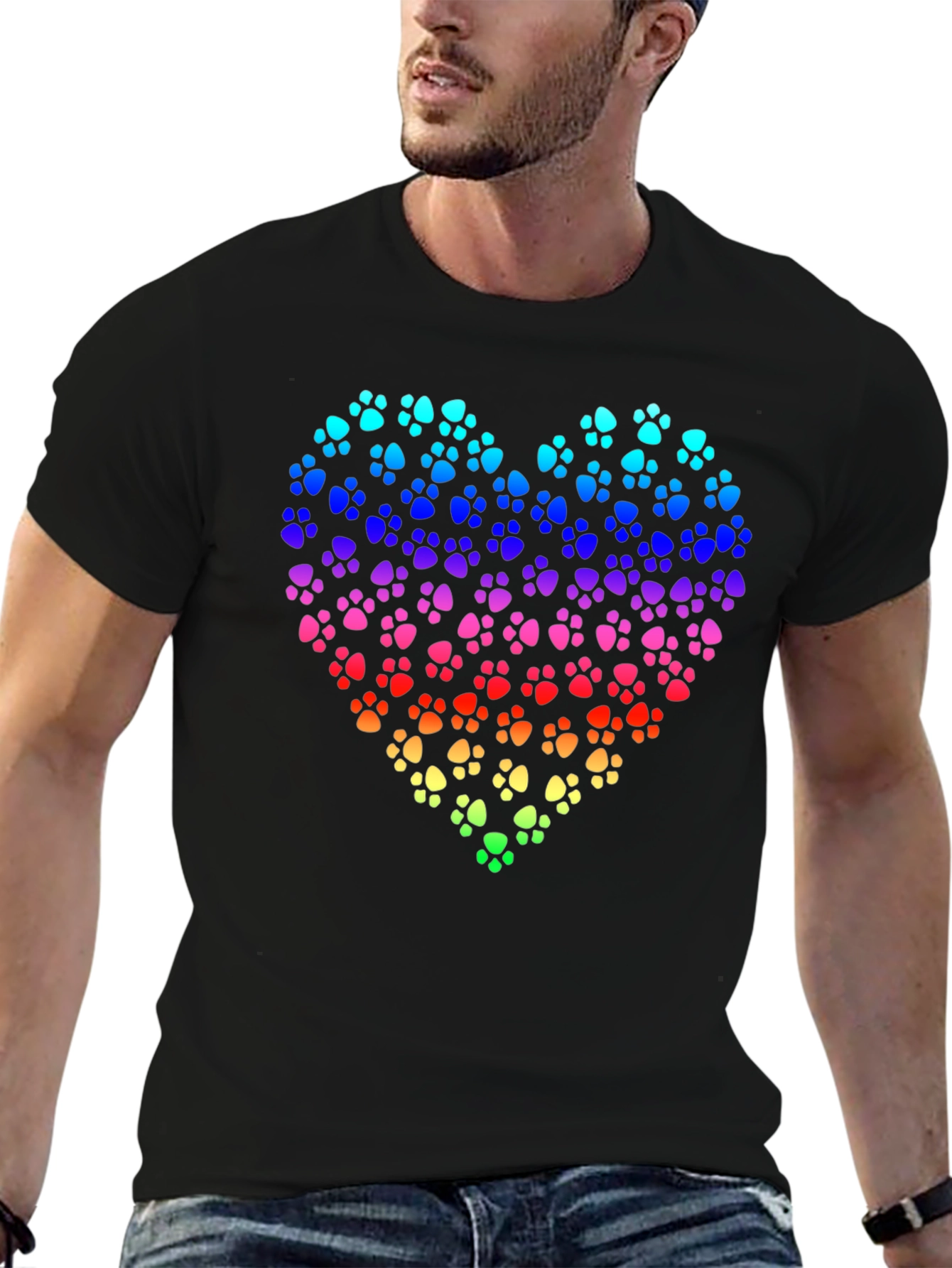 Rainbow Paw Print Heart Black T-Shirt