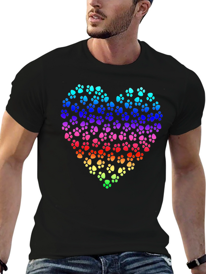 Rainbow Paw Print Heart Black T-Shirt