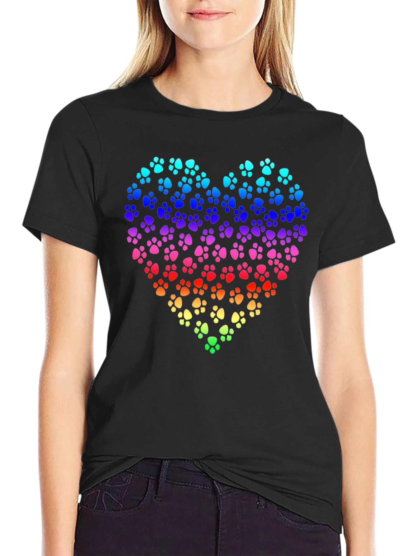 Rainbow Paw Print Heart Black T-Shirt