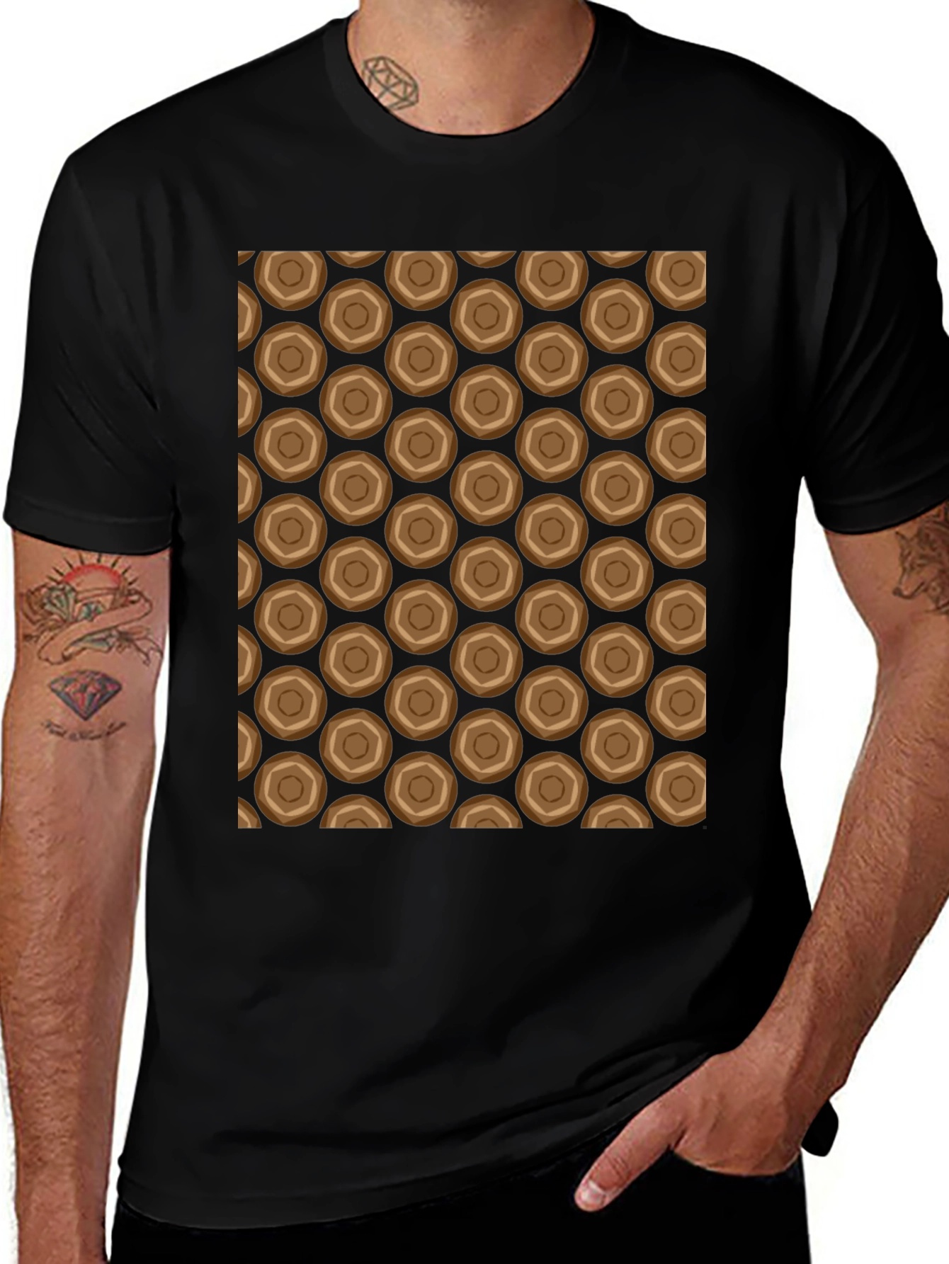 Honeycomb Patterned Black Crew Neck T-Shirt