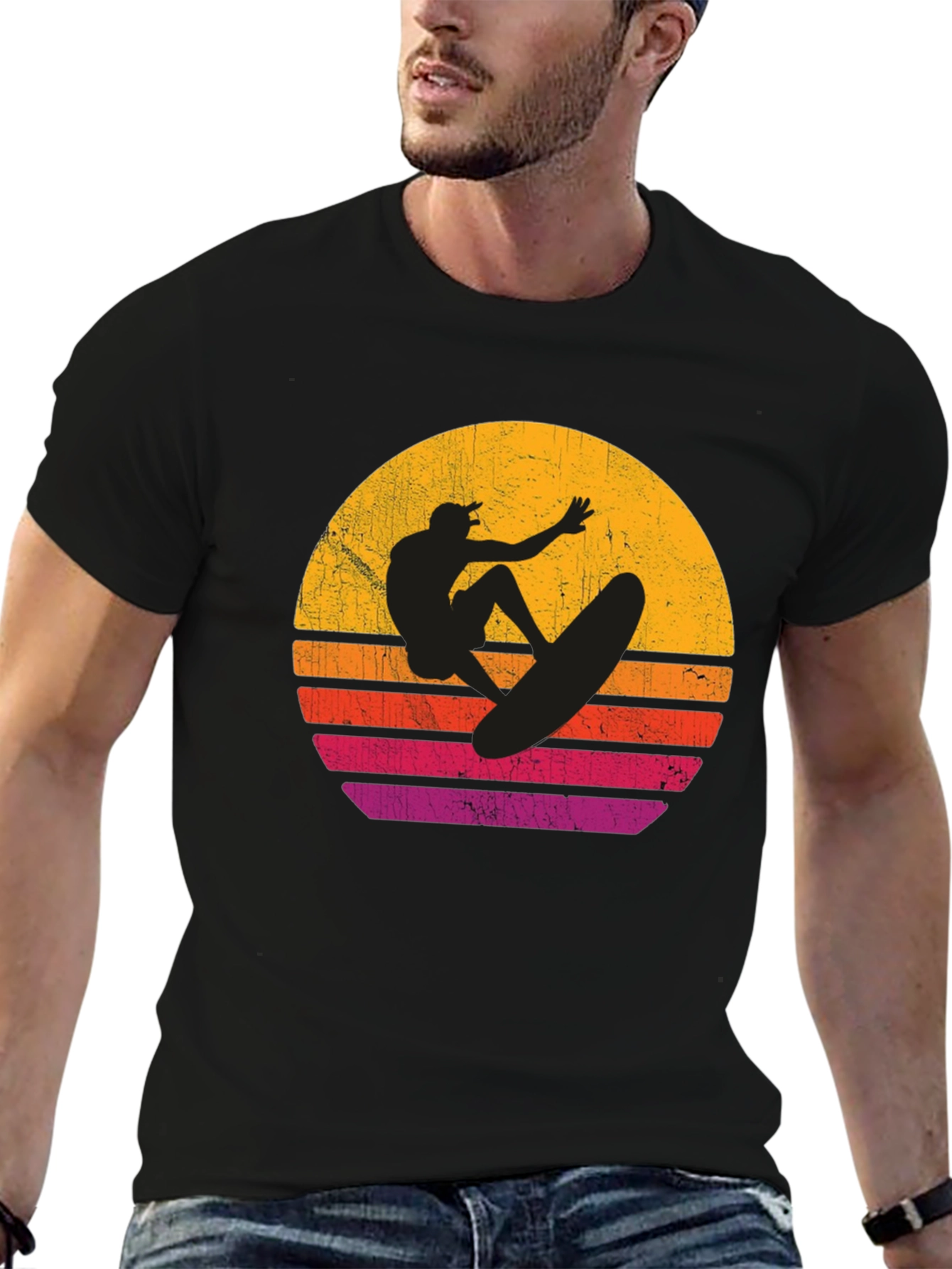 Surfer Sunset Graphic T-Shirt - Black Cotton Tee