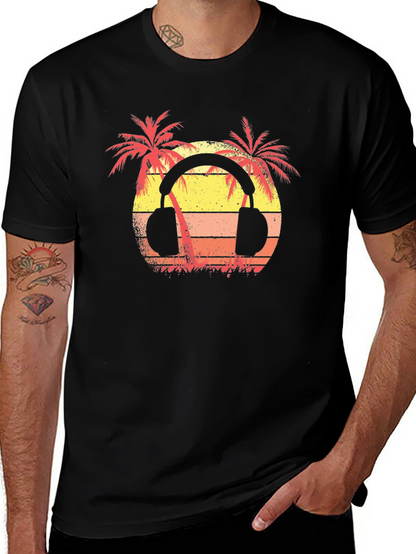Sunset Palm Tree Headphones Graphic T-Shirt