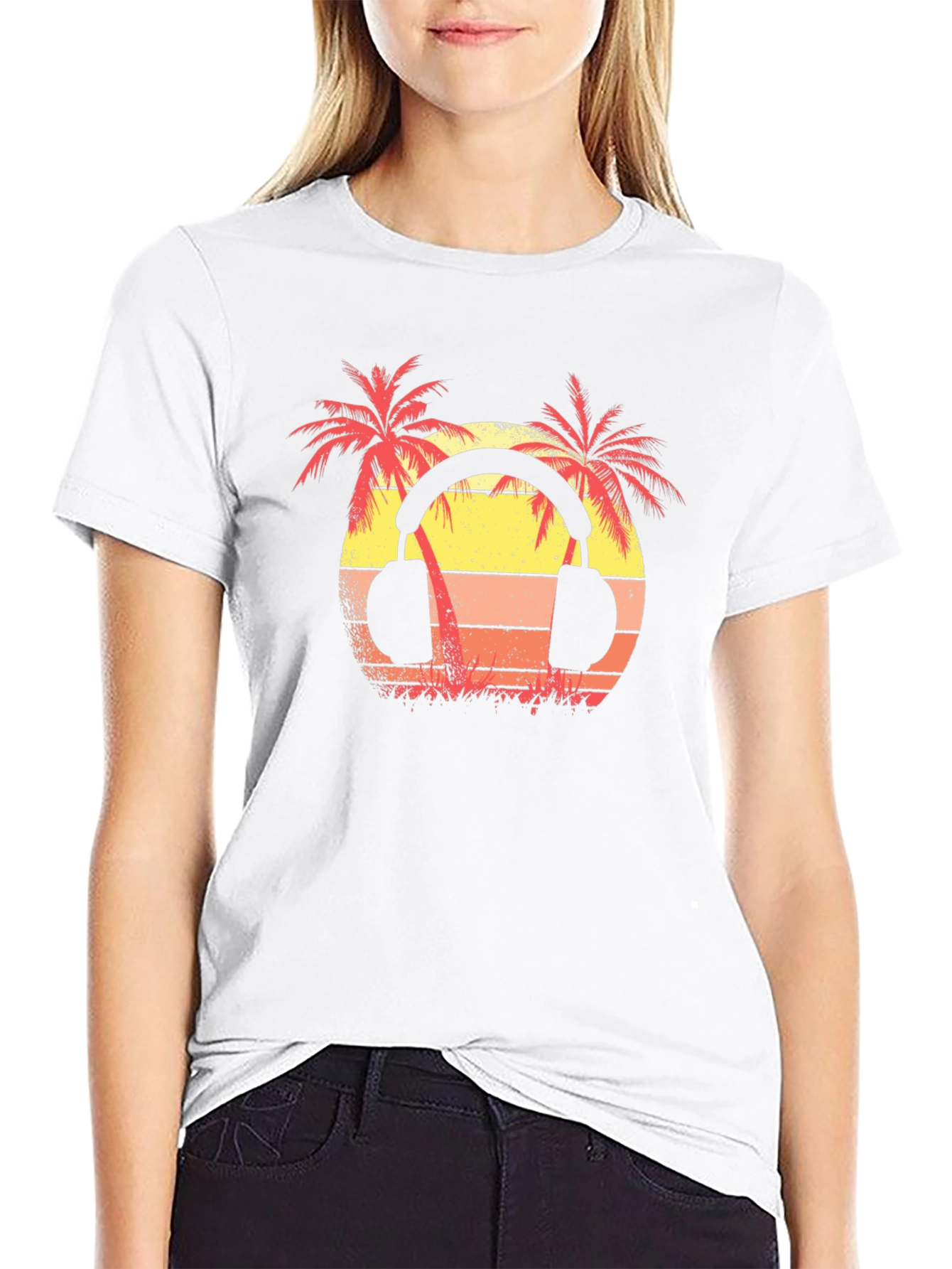 Sunset Palm Tree Headphones Graphic T-Shirt