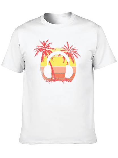 Sunset Palm Tree Headphones Graphic T-Shirt