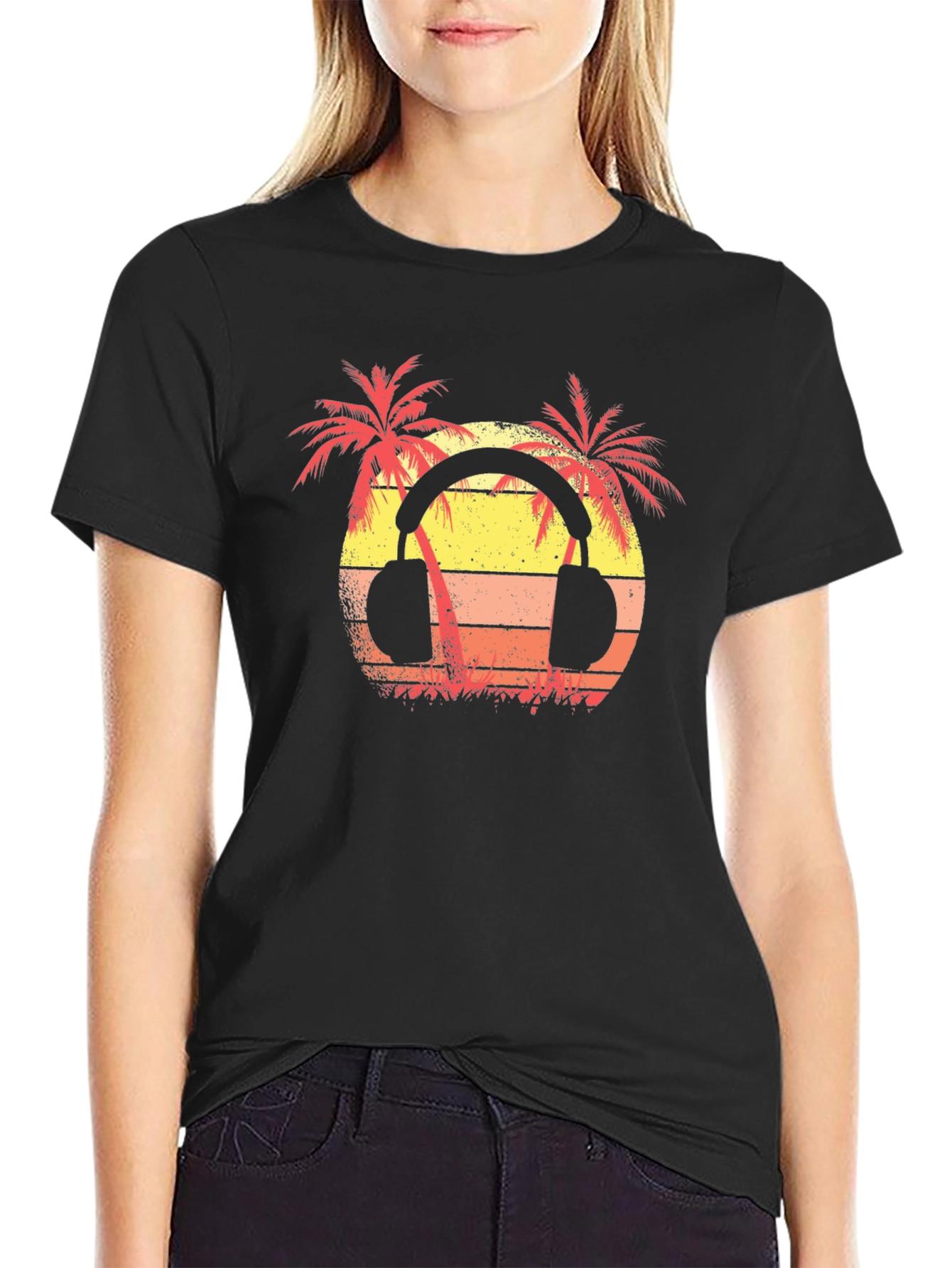 Sunset Palm Tree Headphones Graphic T-Shirt