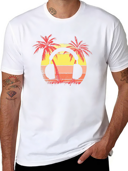 Sunset Palm Tree Headphones Graphic T-Shirt