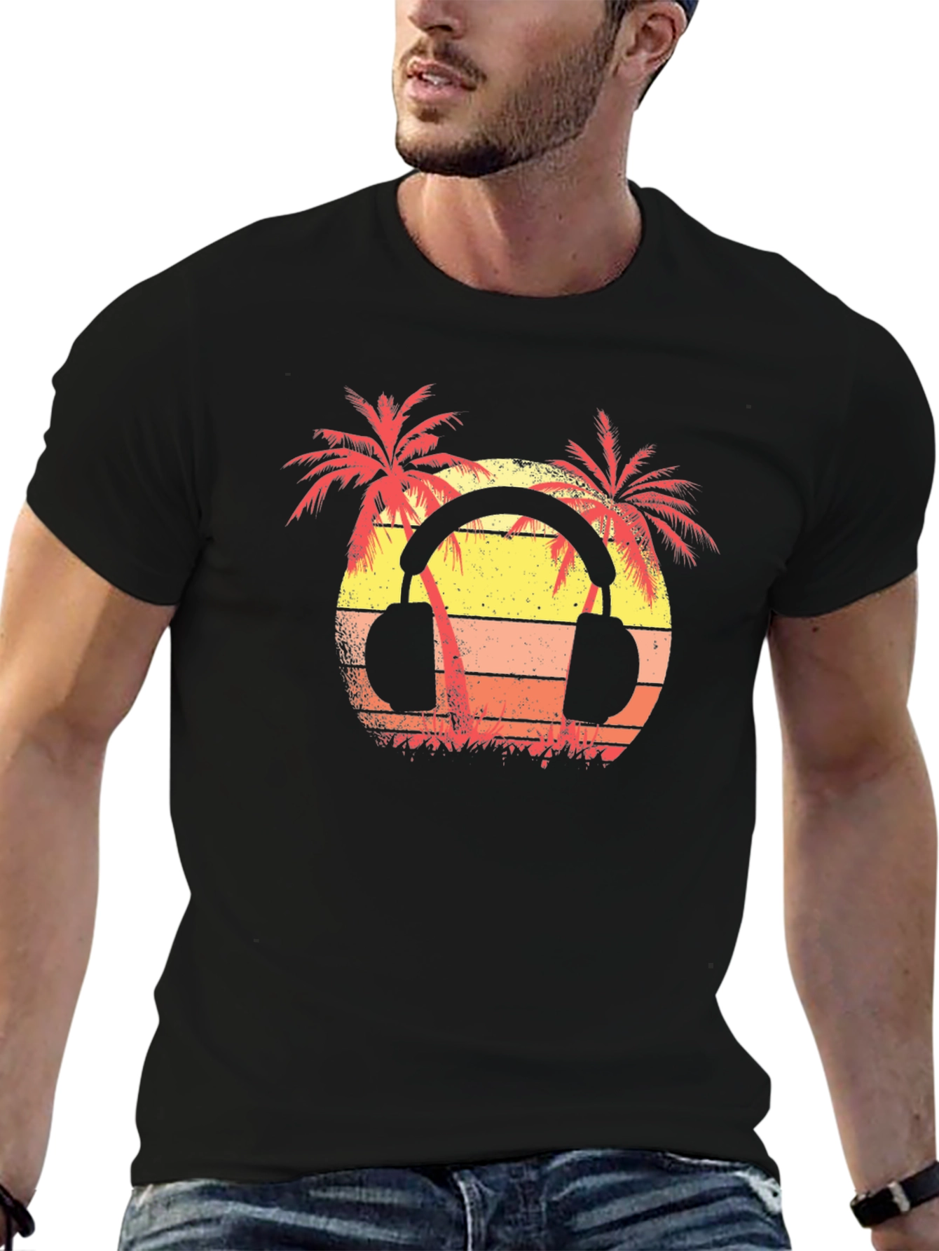 Sunset Palm Tree Headphones Graphic T-Shirt