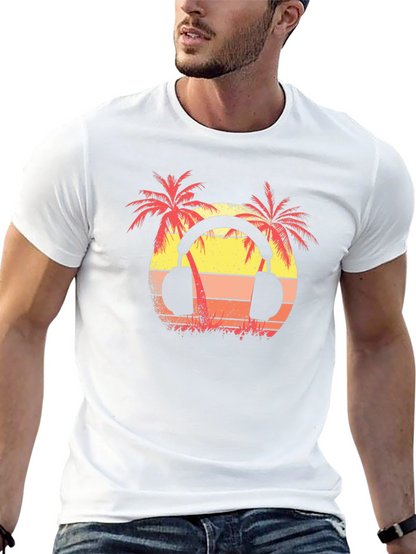 Sunset Palm Tree Headphones Graphic T-Shirt