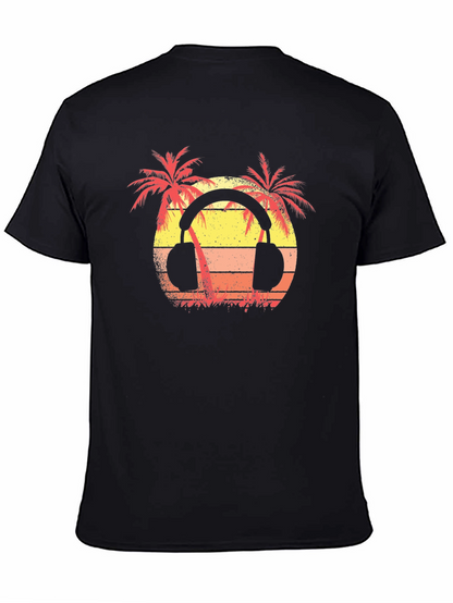 Sunset Palm Tree Headphones Graphic T-Shirt