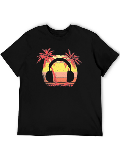 Sunset Palm Tree Headphones Graphic T-Shirt