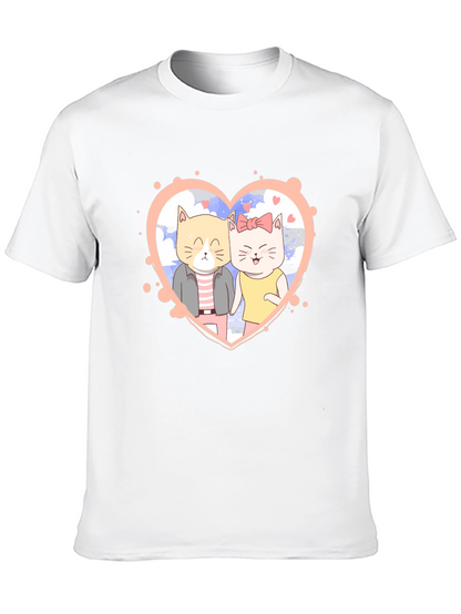 Cute Cartoon Cat Couple Black T-Shirt