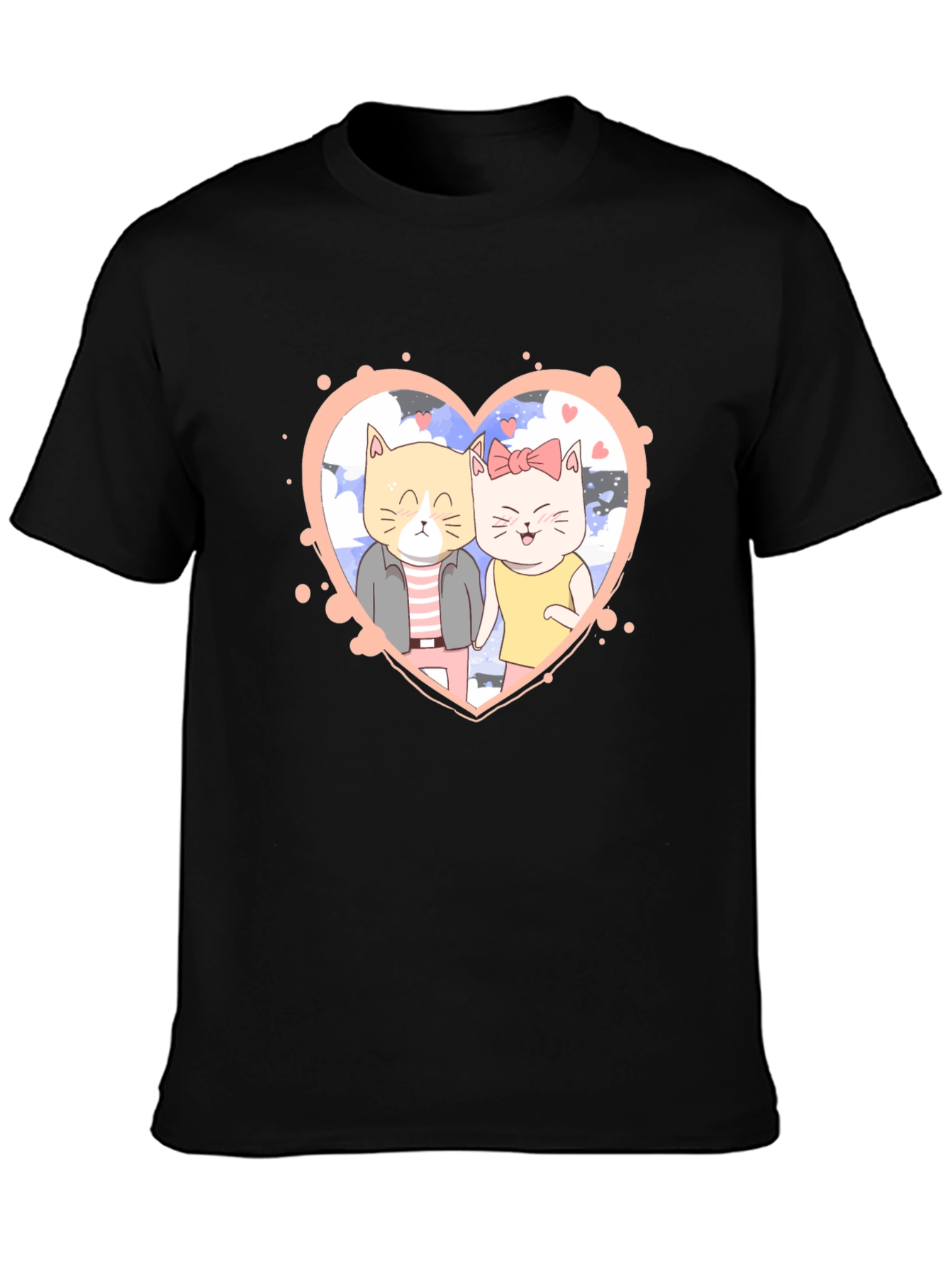 Cute Cartoon Cat Couple Black T-Shirt