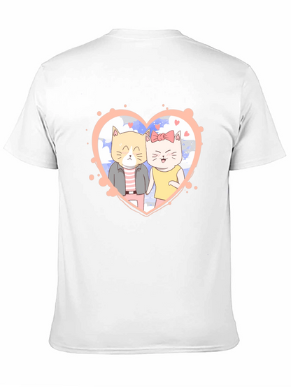 Cute Cartoon Cat Couple Black T-Shirt