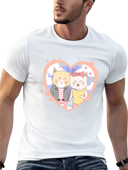 Cute Cartoon Cat Couple Black T-Shirt