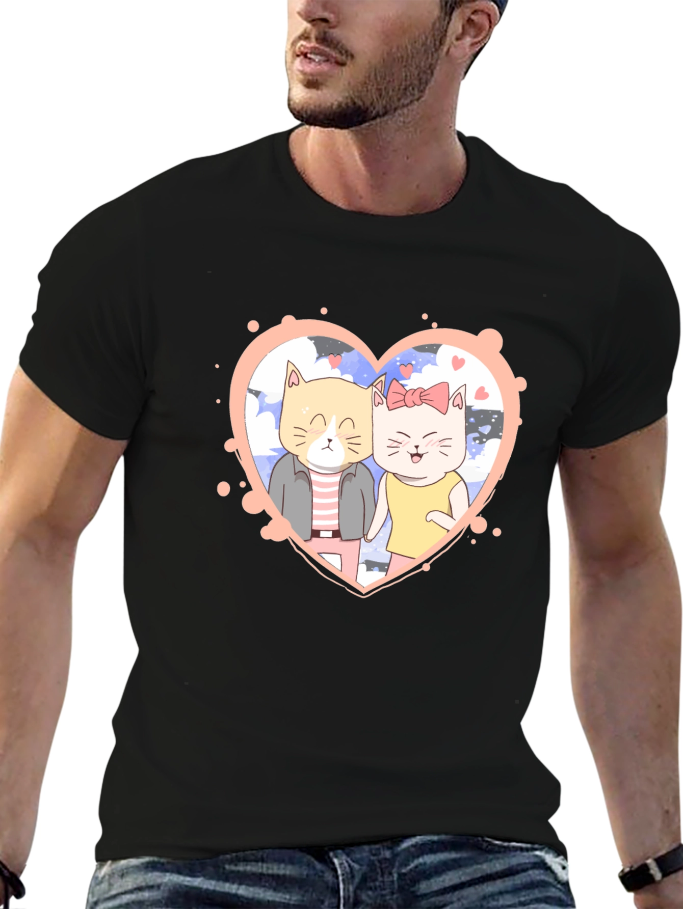 Cute Cartoon Cat Couple Black T-Shirt