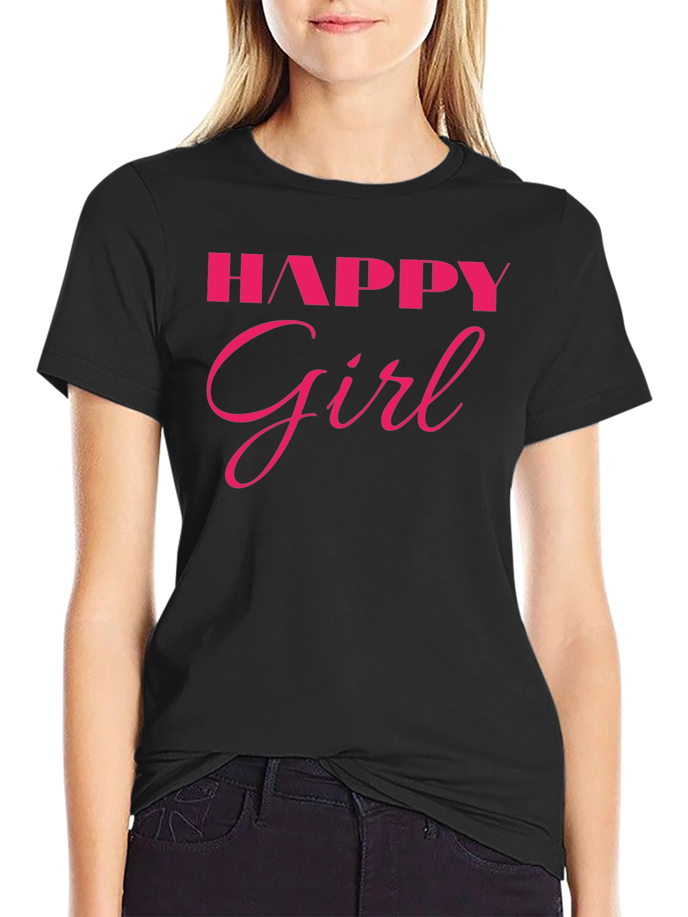 Happy Girl Graphic Tee - Black Cotton T-Shirt