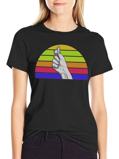 Retro Hand Gesture Graphic Tee - Black Cotton Blend