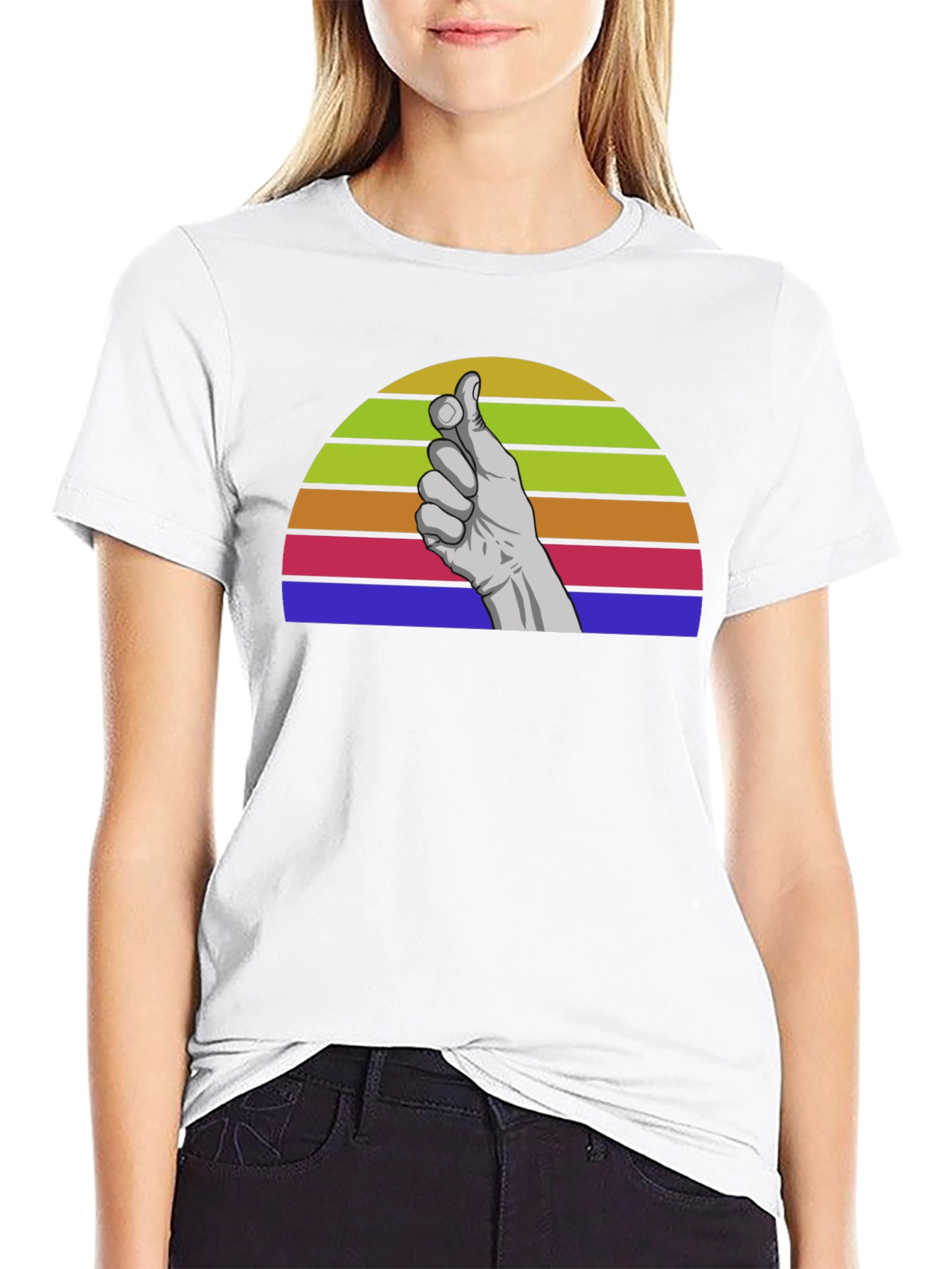 Retro Hand Gesture Graphic Tee - Black Cotton Blend