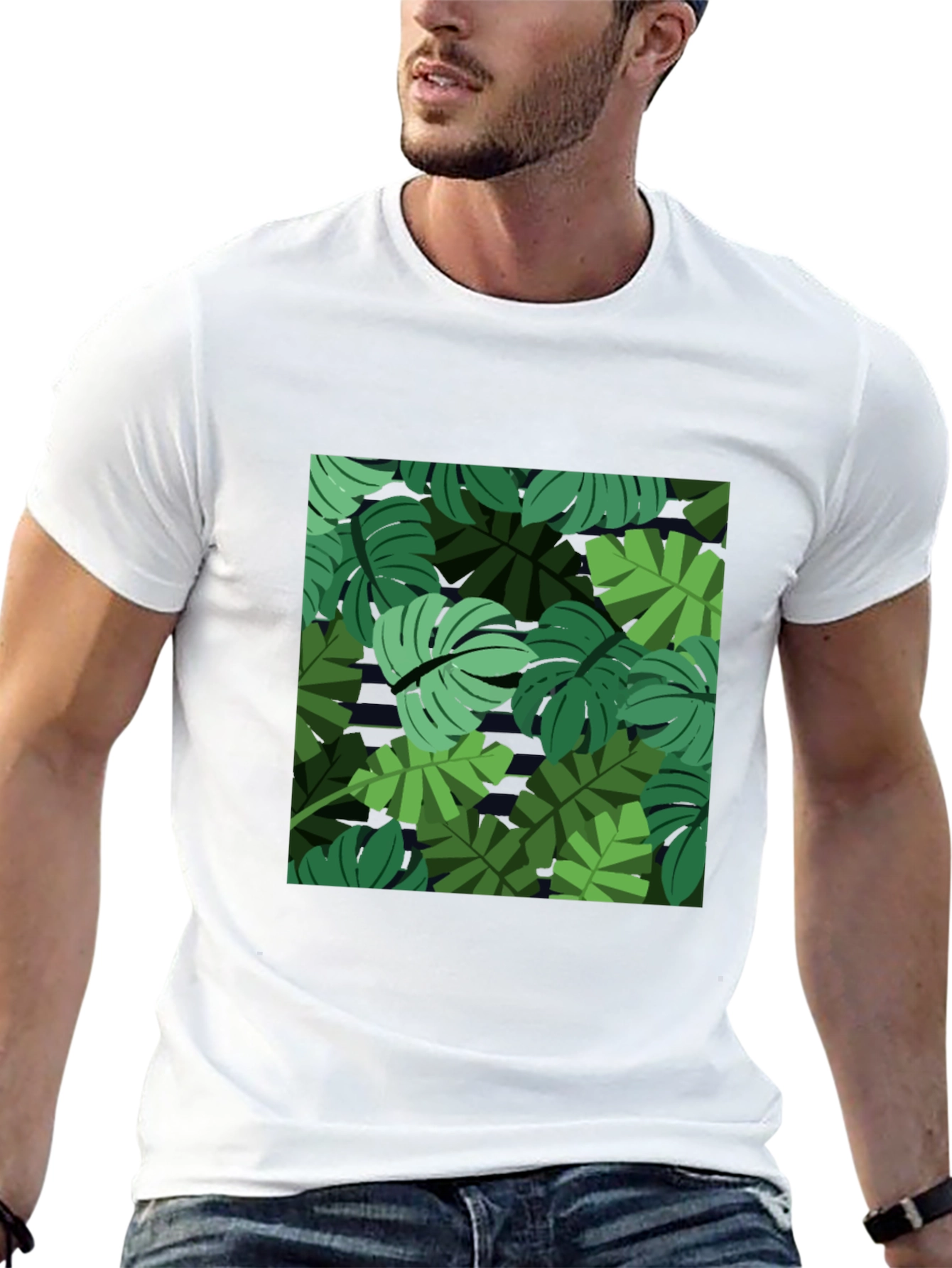 Tropical Leaf Print Mens Black T-Shirt