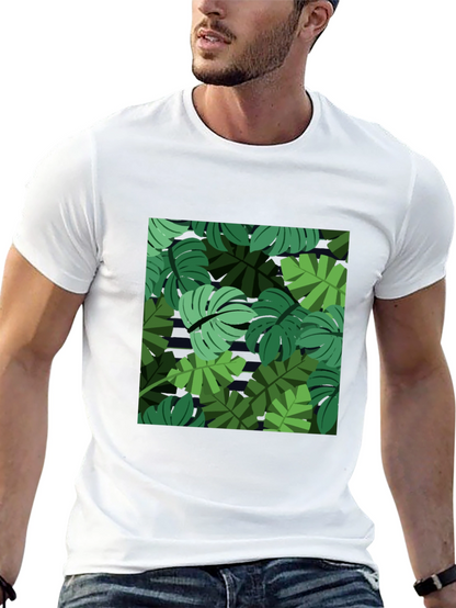 Tropical Leaf Print Mens Black T-Shirt