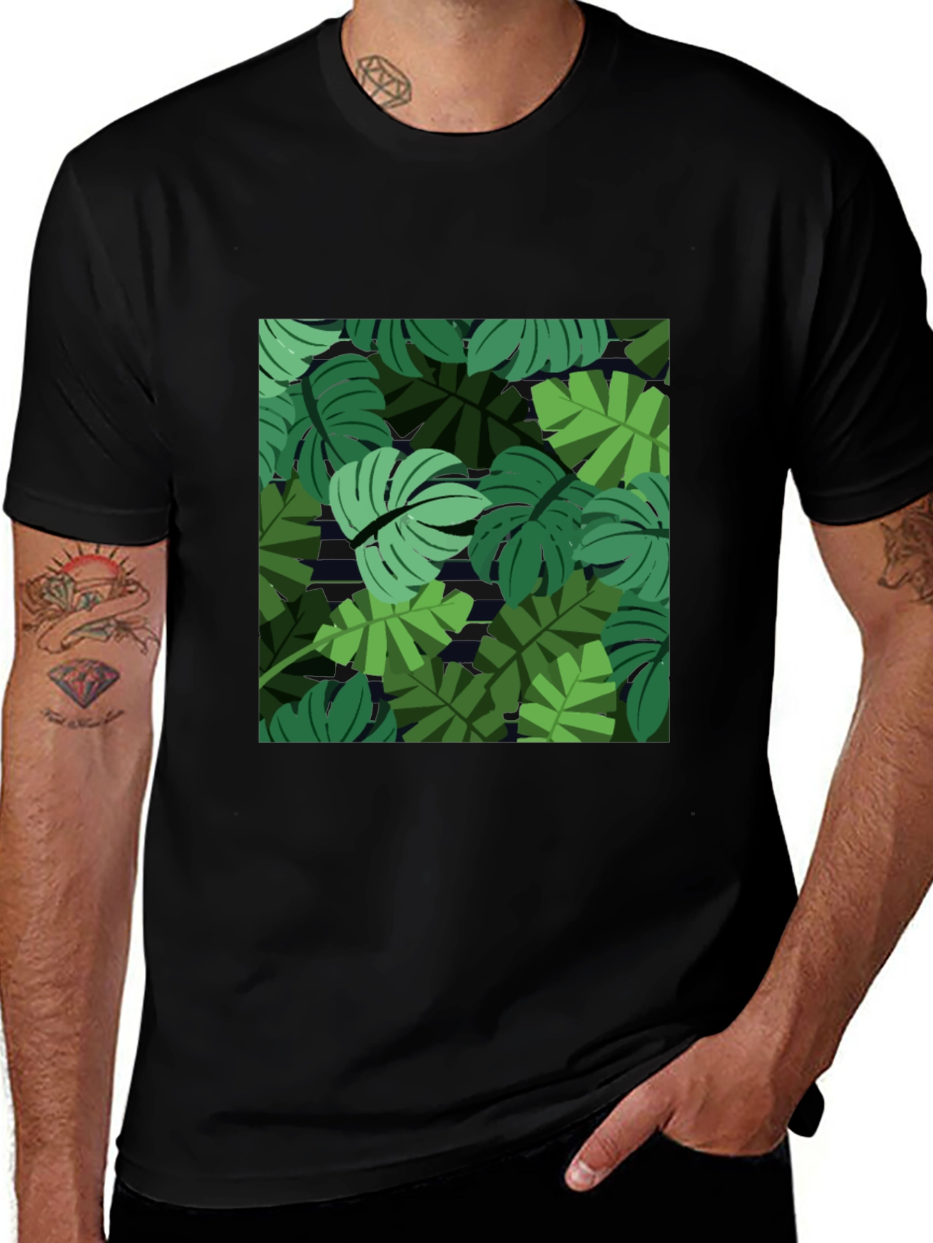 Tropical Leaf Print Mens Black T-Shirt