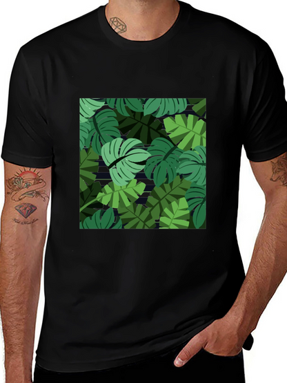 Tropical Leaf Print Mens Black T-Shirt