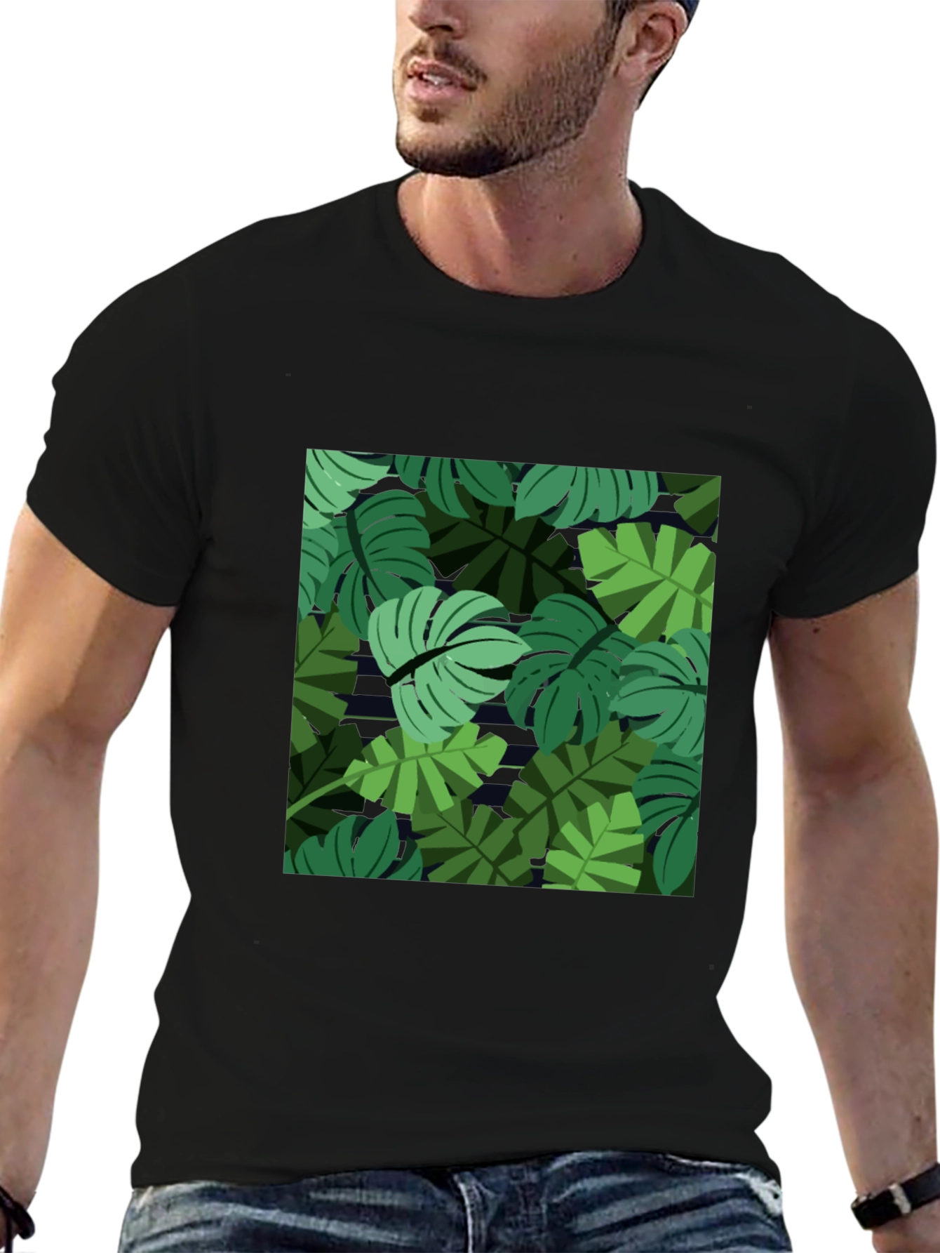Tropical Leaf Print Mens Black T-Shirt