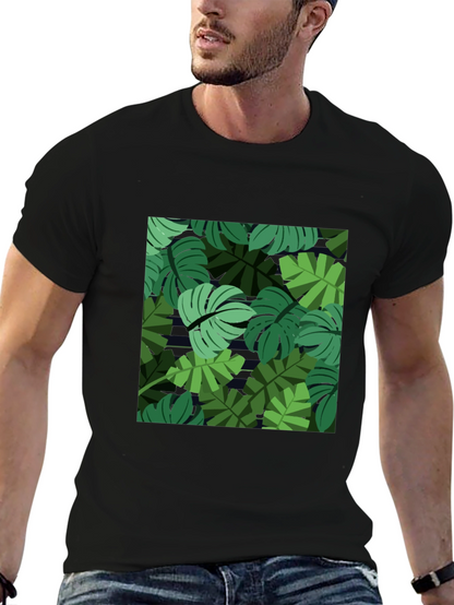 Tropical Leaf Print Mens Black T-Shirt