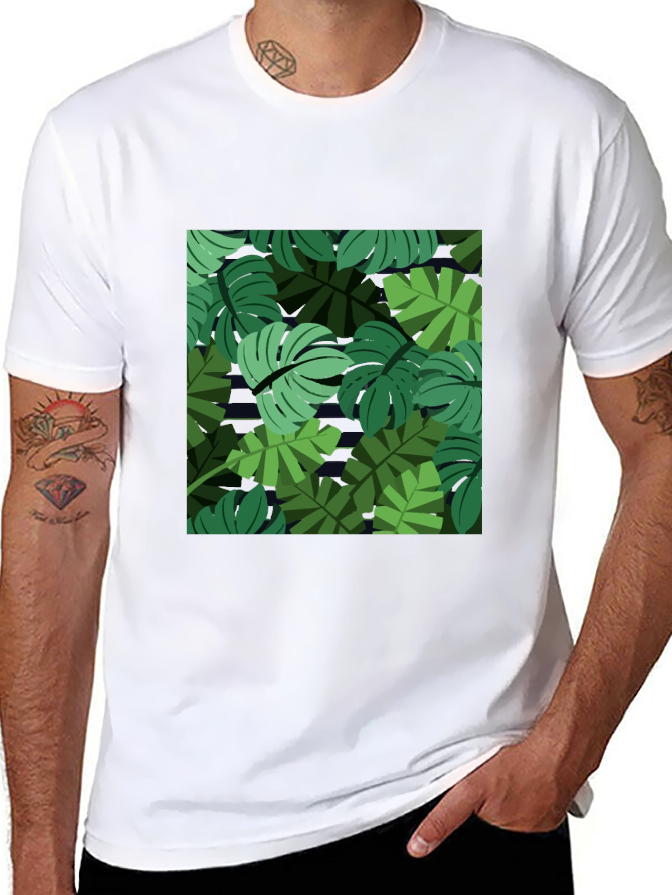 Tropical Leaf Print Mens Black T-Shirt