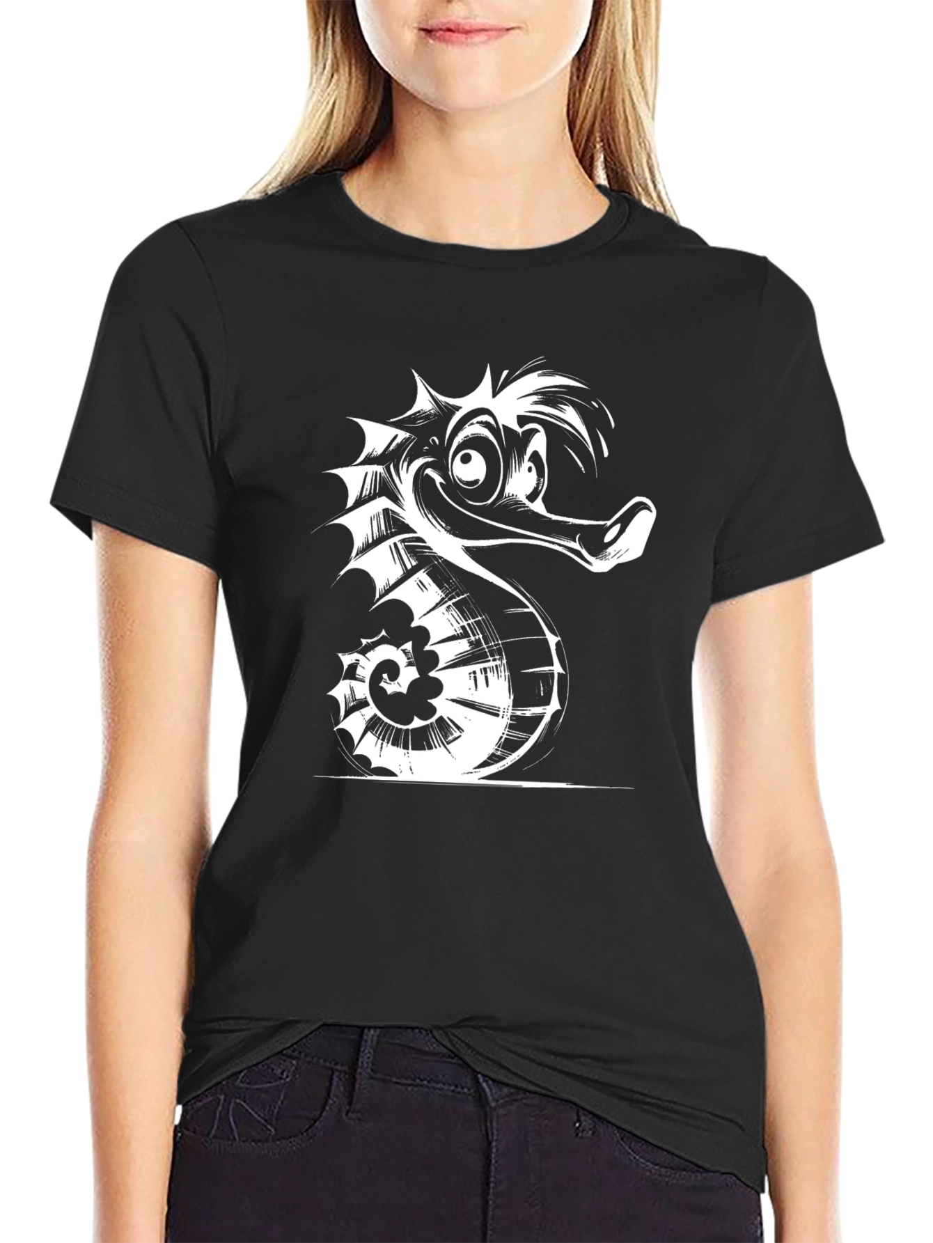 Cartoon Seahorse Graphic Tee - Black Cotton T-Shirt