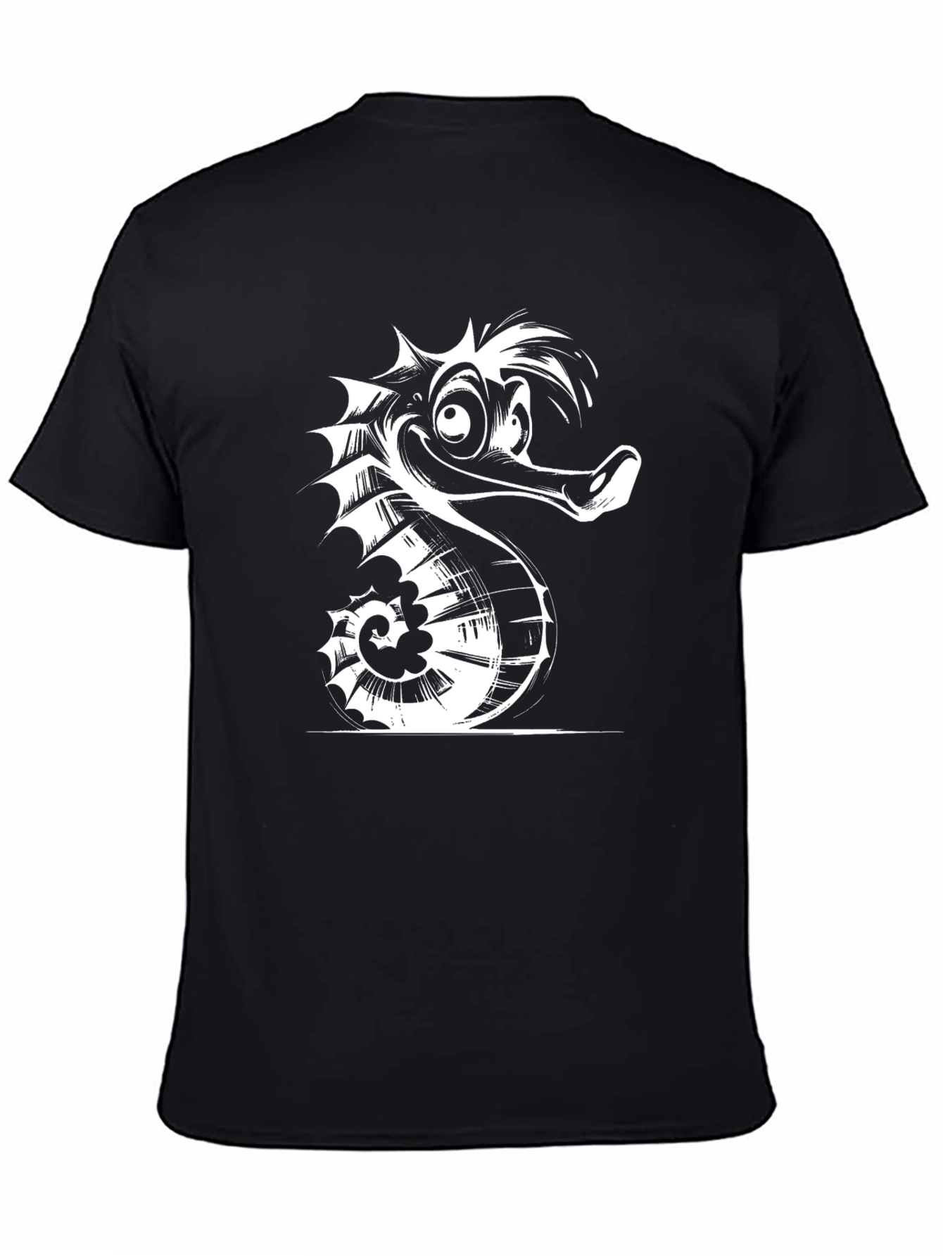 Cartoon Seahorse Graphic Tee - Black Cotton T-Shirt