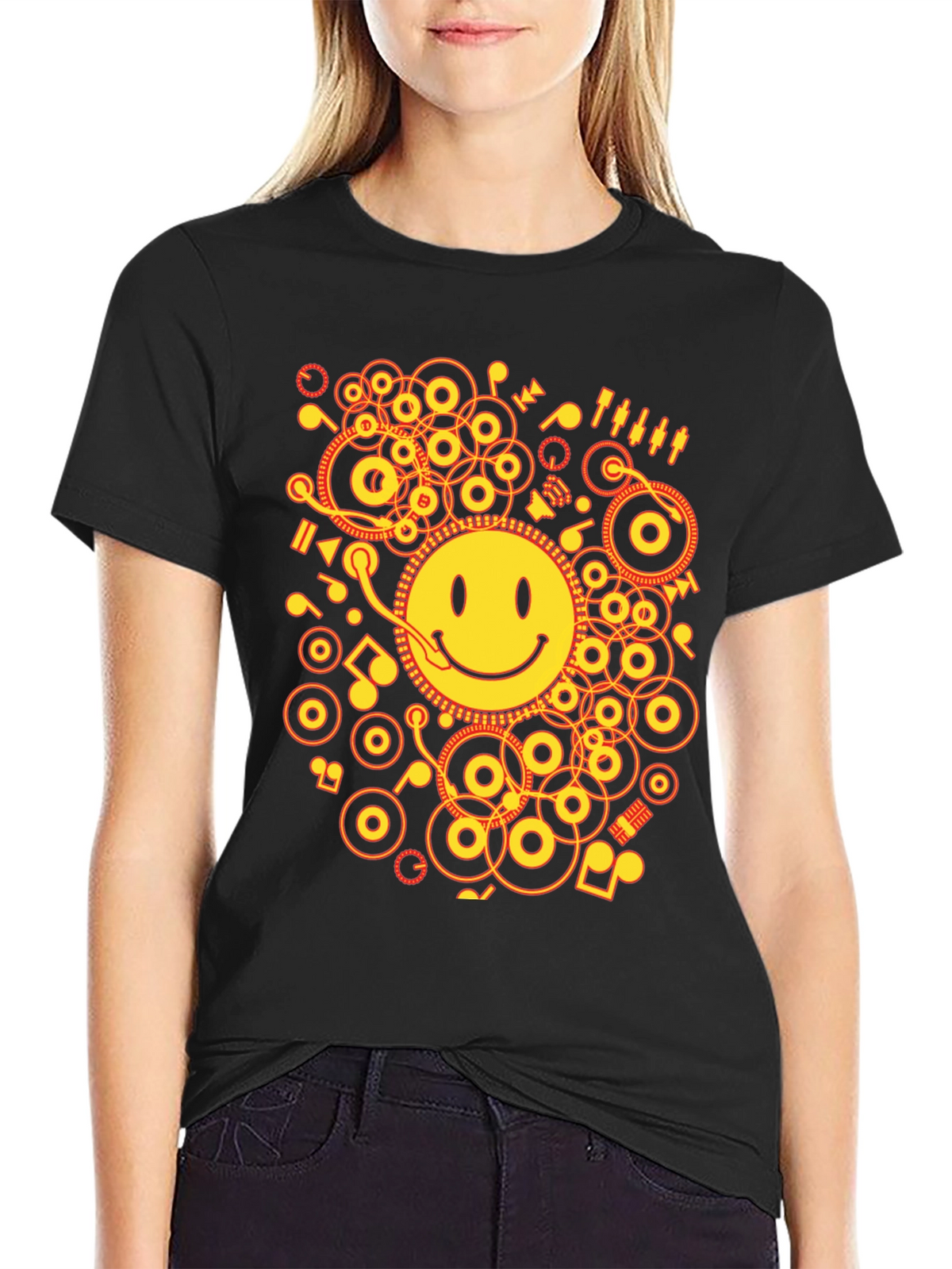 Smiley Face DJ Graphic Tee - Black Cotton Blend