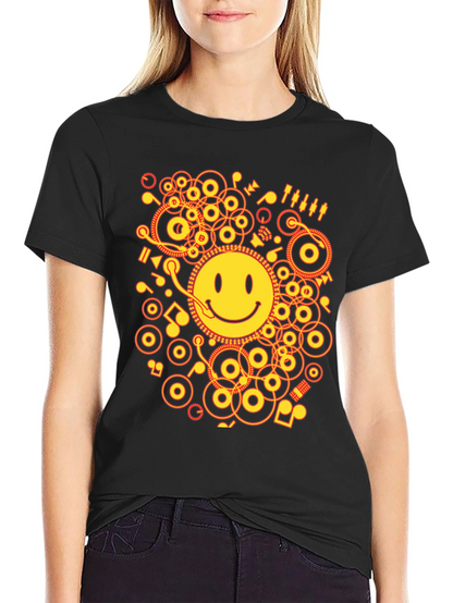 Smiley Face DJ Graphic Tee - Black Cotton Blend