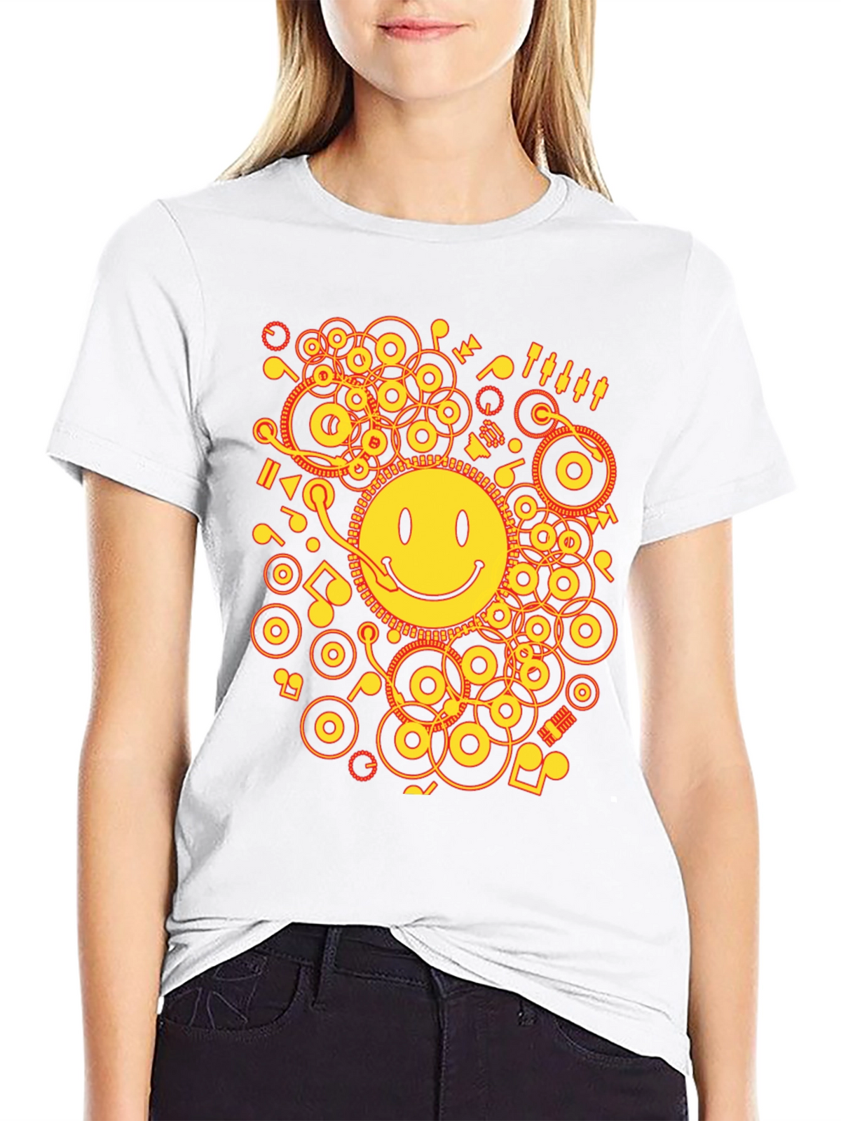 Smiley Face DJ Graphic Tee - Black Cotton Blend