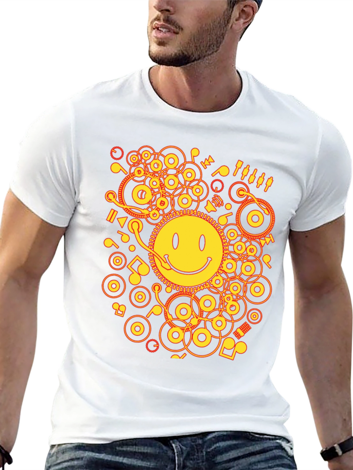 Smiley Face DJ Graphic Tee - Black Cotton Blend