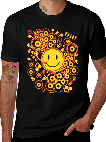 Smiley Face DJ Graphic Tee - Black Cotton Blend