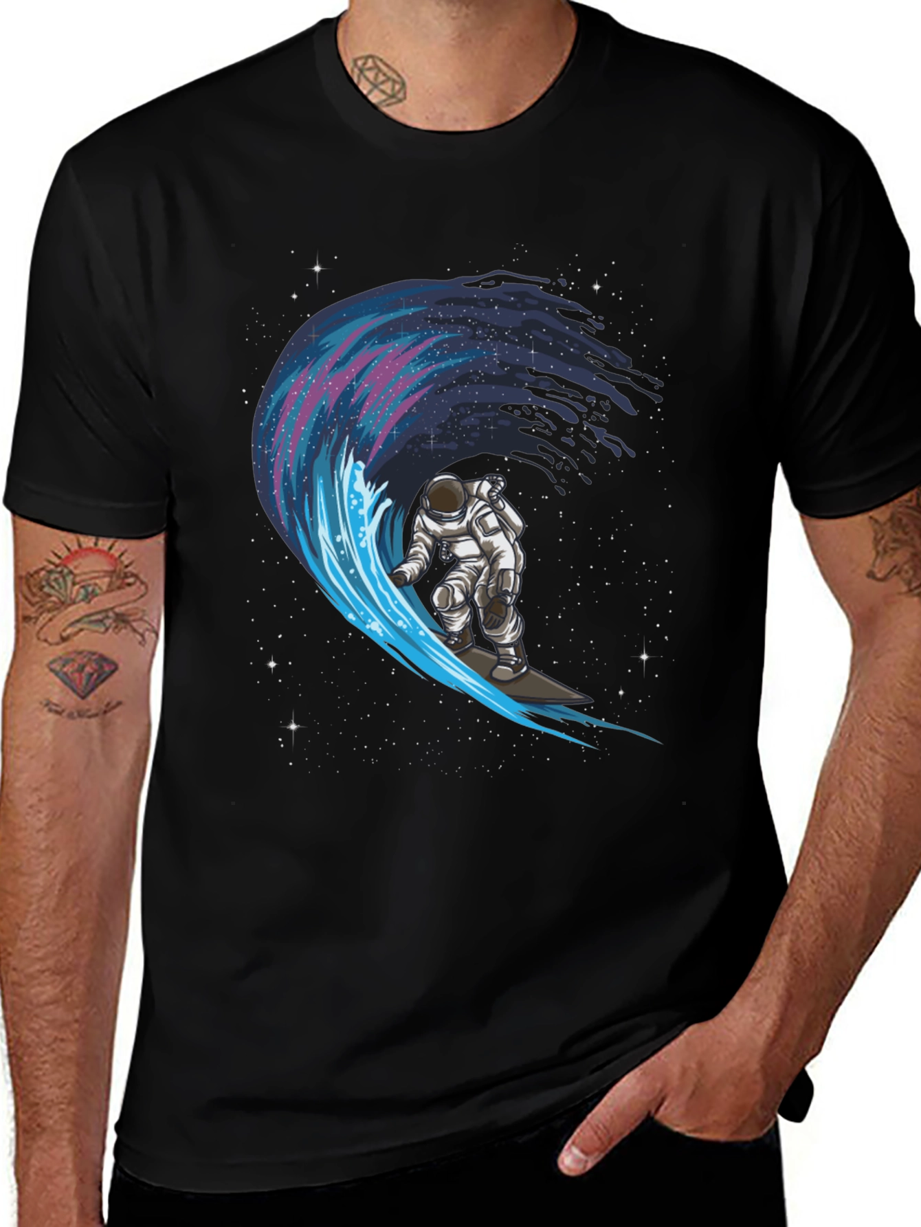 Astronaut Surfing Galaxy Wave Graphic Tee