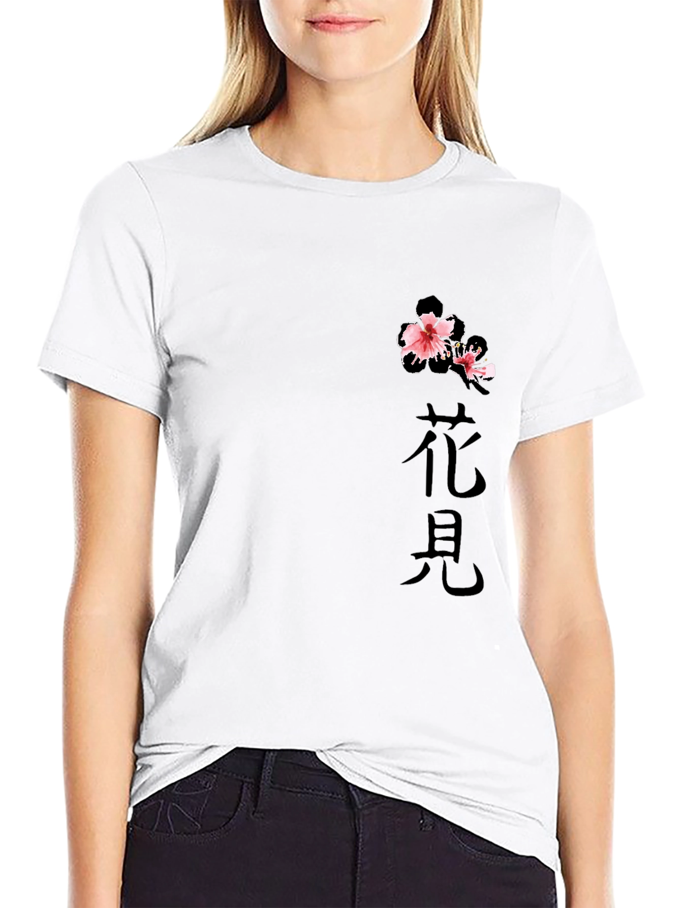 Black T-Shirt with Floral Japanese Print