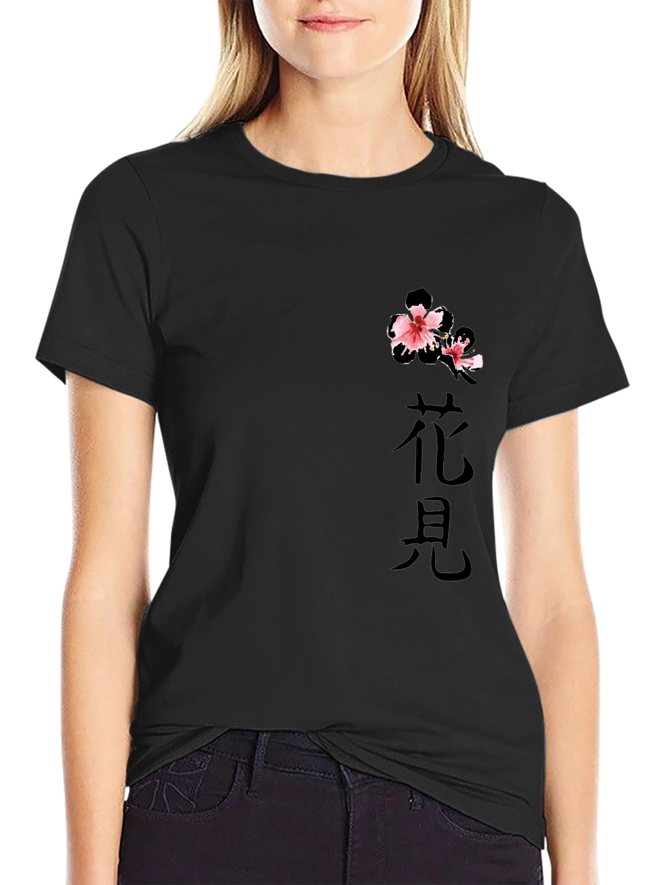 Black T-Shirt with Floral Japanese Print