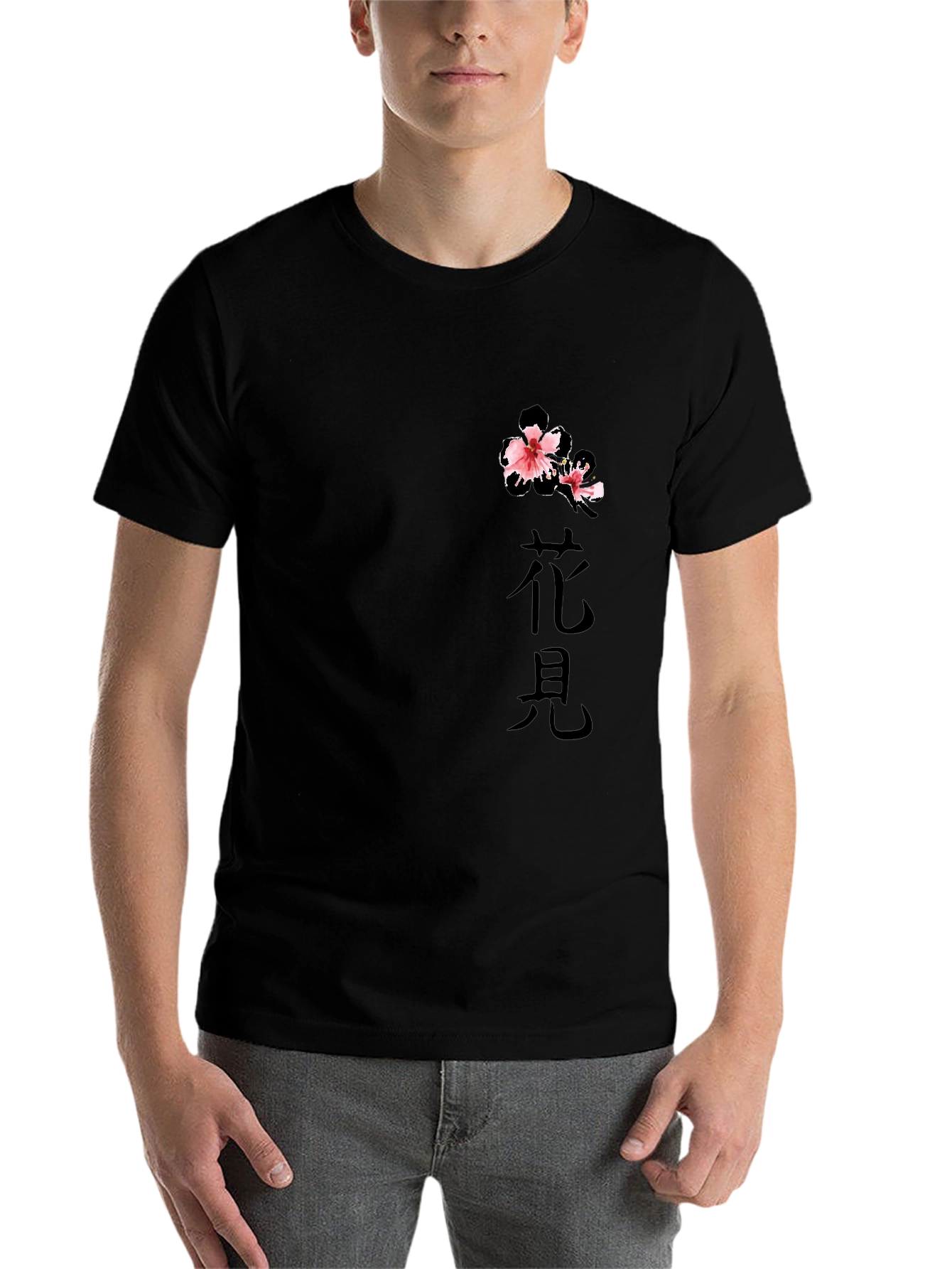 Black T-Shirt with Floral Japanese Print