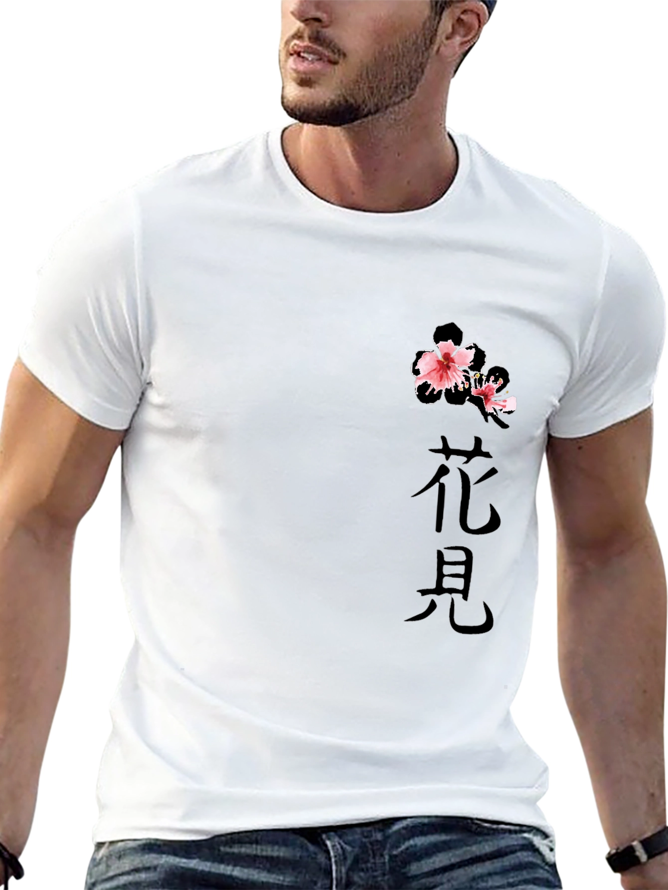 Black T-Shirt with Floral Japanese Print