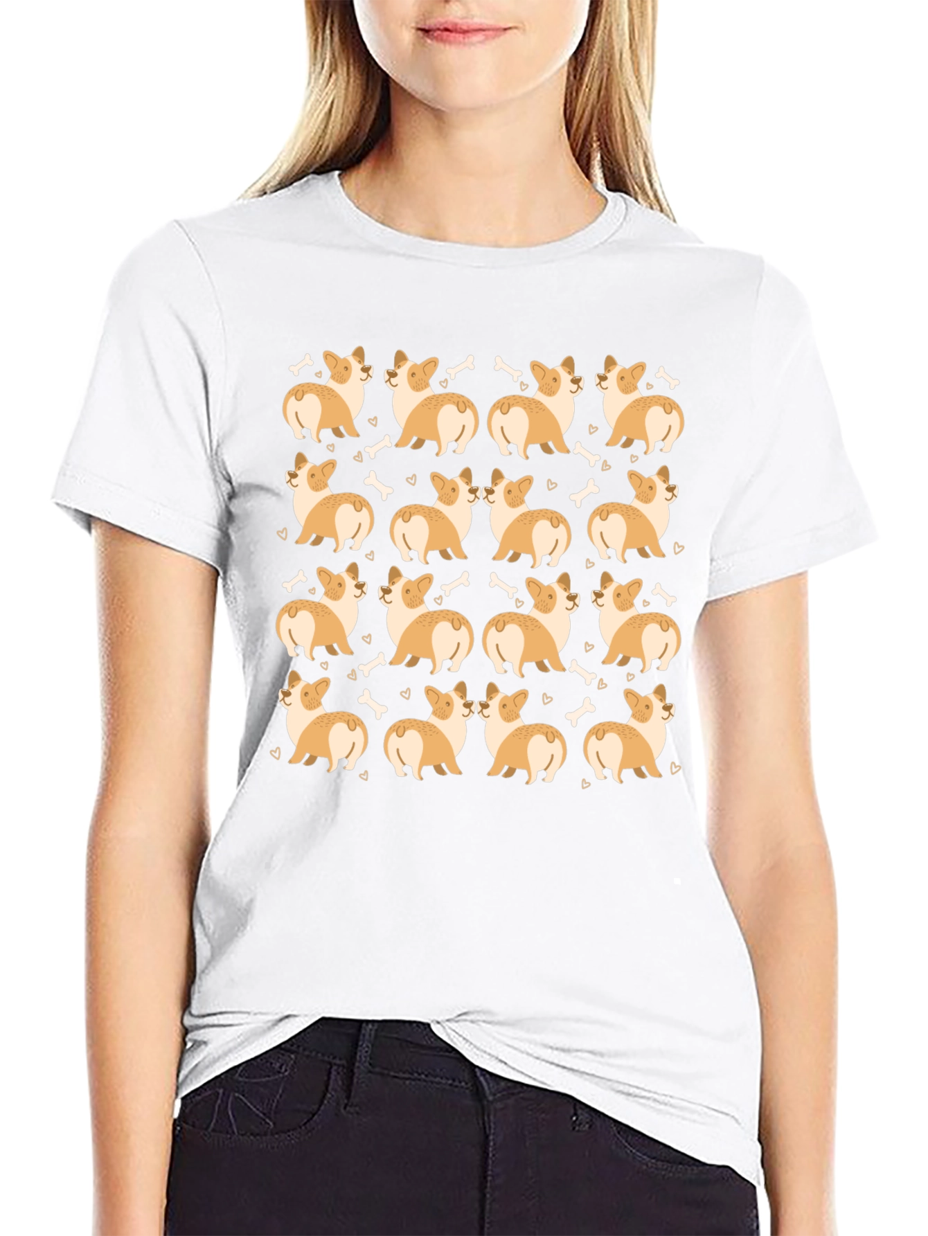 Corgi Dog Pattern Black T-Shirt