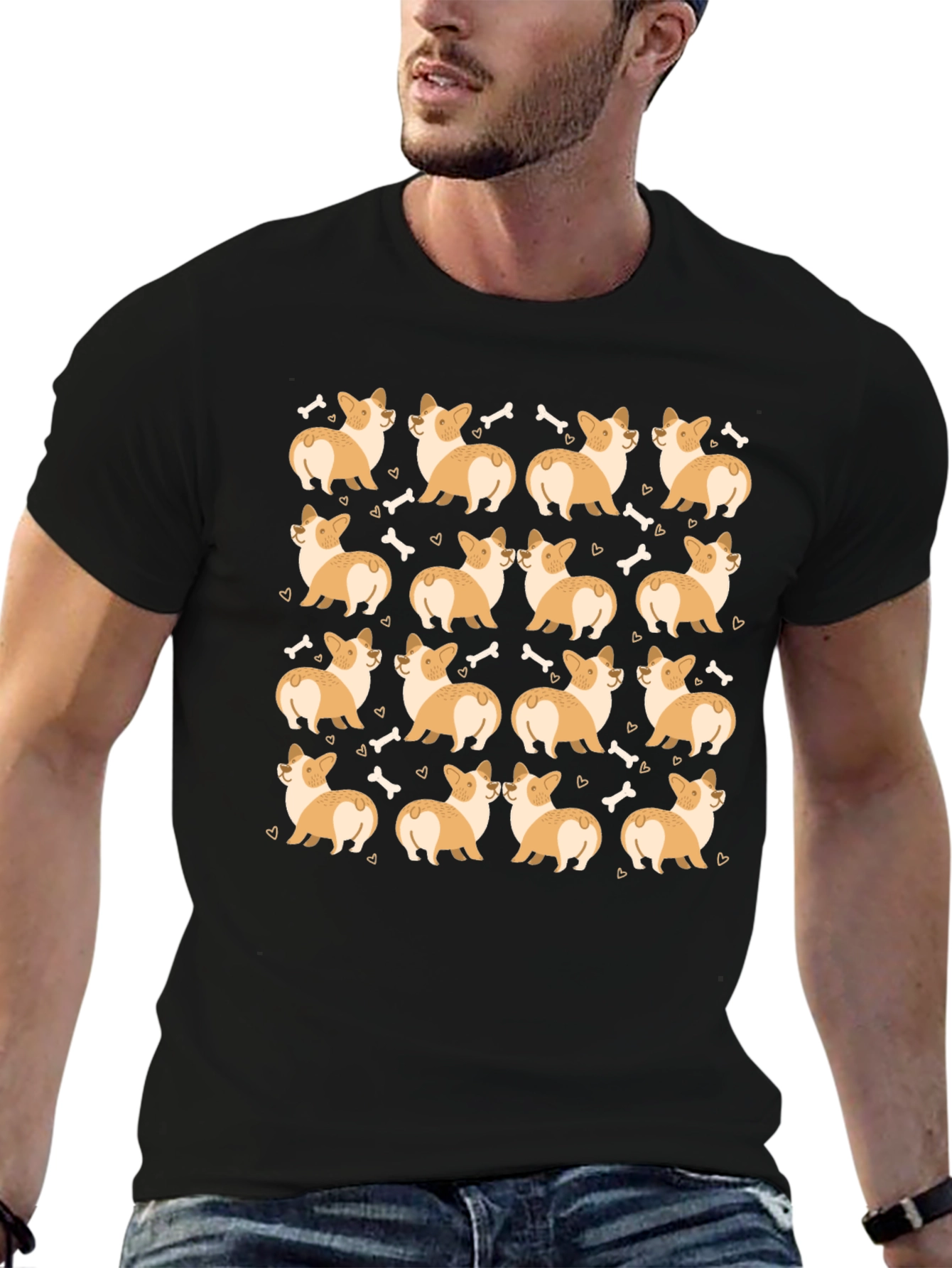 Corgi Dog Pattern Black T-Shirt