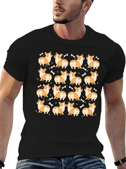 Corgi Dog Pattern Black T-Shirt